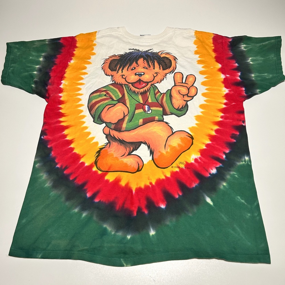 Vintage 1999 Grateful Dead Liquid Blue Rasta Bear Tie Dye T-Shirt XL 90s Tee